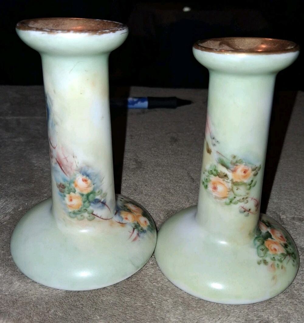 Antique Bernardaud Co Limoges France Hand Painted Candle Stick Holder flowers